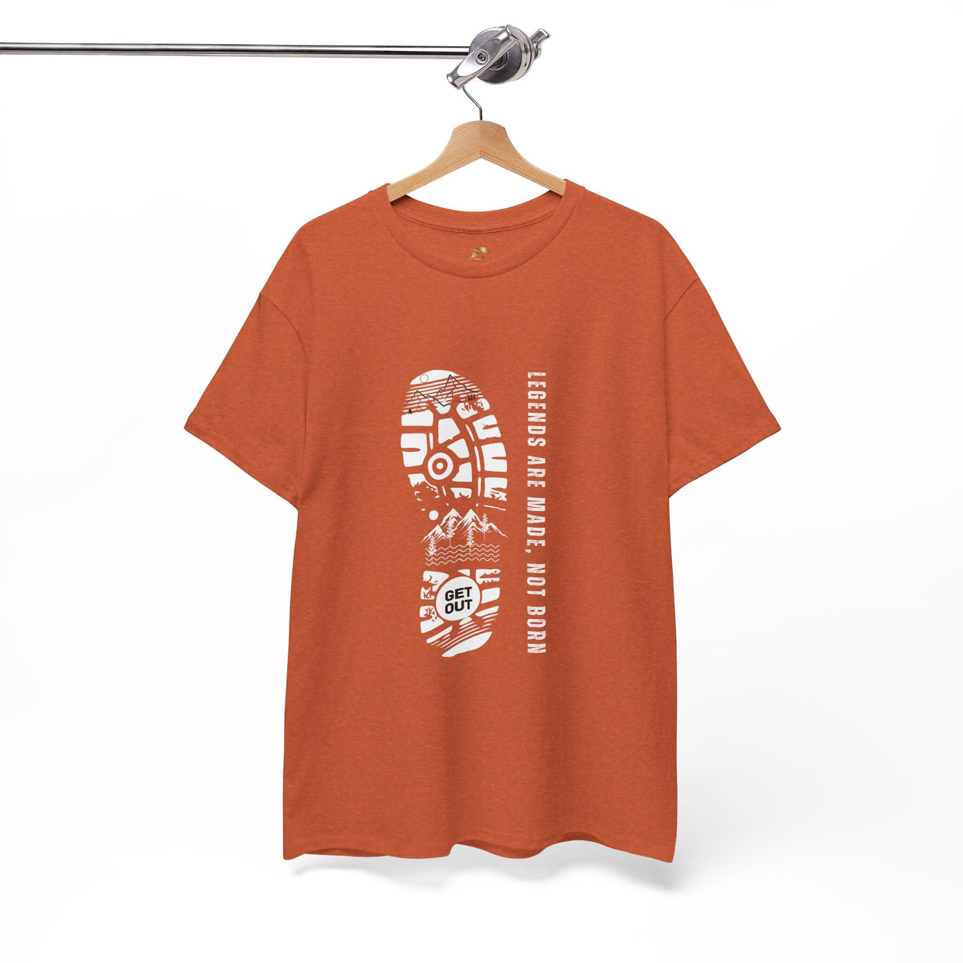 Legends are made NOT BORN unisex heavy cotton tee, graphic inspirational design, motivational t-shirt hanging on a hanger.