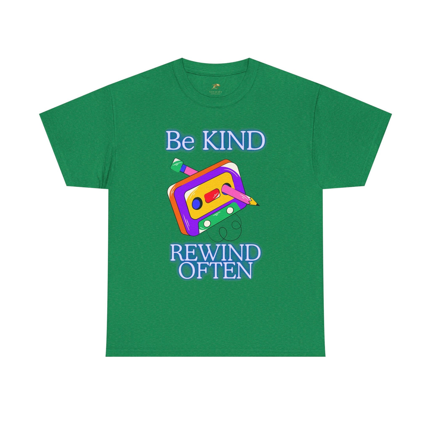 Retro green t-shirt with "Be Kind, Rewind Often" text and cassette graphic, 90s nostalgia style.