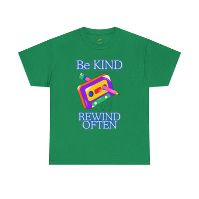Retro green t-shirt with "Be Kind, Rewind Often" text and cassette graphic, 90s nostalgia style.