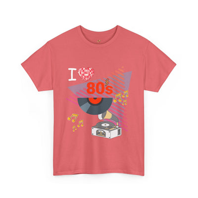 Retro pink 80's Music Lover T-shirt with vintage record player graphic and musical notes, classic cotton unisex tee