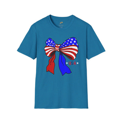 Unisex Coquette USA patriotic T-shirt with red, white, and blue bow design for Independence Day celebrations.