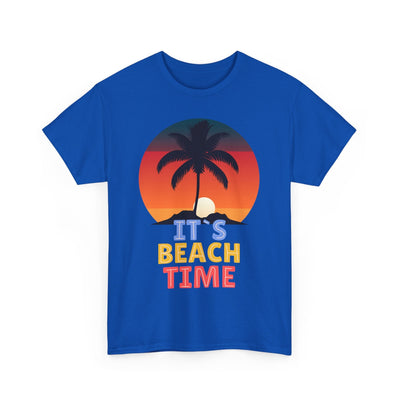 Unisex blue t-shirt with "It's Beach Time" graphic featuring a tropical sunset and palm tree, perfect for summer 2025.