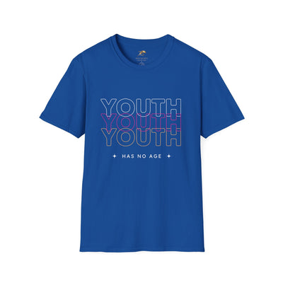 Youth Day Unisex Softstyle T-Shirt in blue with "YOUTH has no age" graphic, classic fit crew neck made from 100% ring-spun cotton