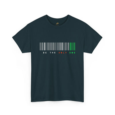 Unique "Be The Only One" barcode t-shirt in blue with a minimalist design
