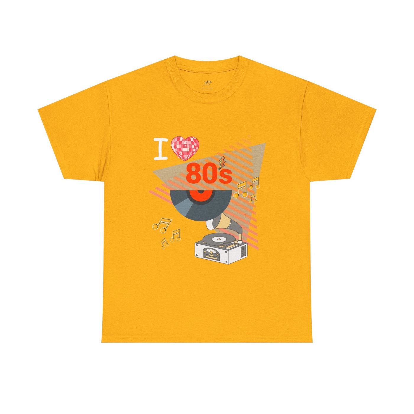 Yellow unisex 80's Music Lover T-shirt with retro vinyl record and turntable graphic design