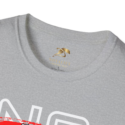 Close-up of a grey No Fear No Limits youth unisex motivational t-shirt with crew neckline and printed graphic design.