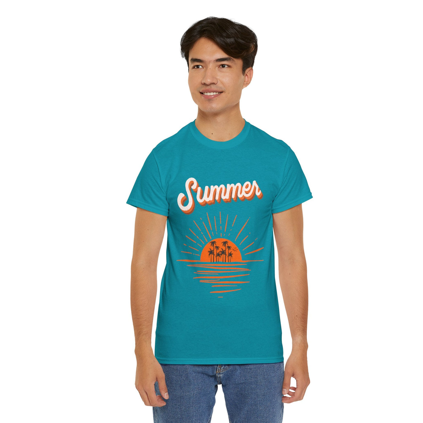 Unisex Summer 2025 Sunset T-Shirt with vintage sun and palm tree design, ocean reflection, teal color.