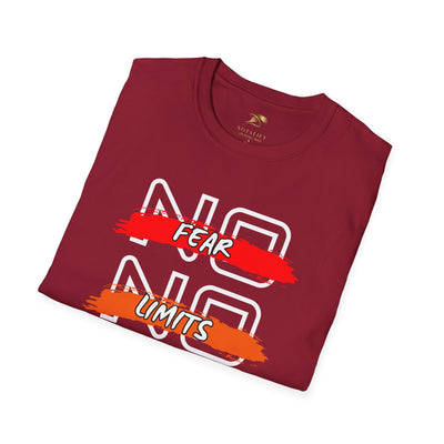 Folded maroon unisex t-shirt with "No Fear No Limits" motivational graphic text in red and orange brushstroke design