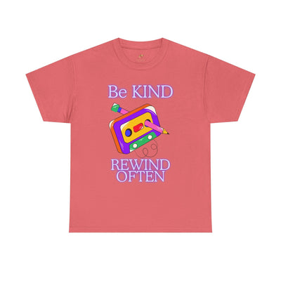 Retro unisex t-shirt with "Be Kind, Rewind Often" design, cassette graphic, 90s nostalgia.