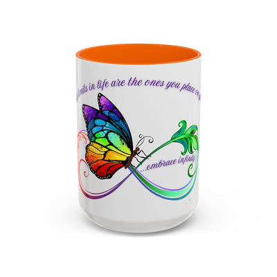Inspirational butterfly coffee mug with vibrant infinity design on white ceramic, orange interior, perfect for motivational gifts.