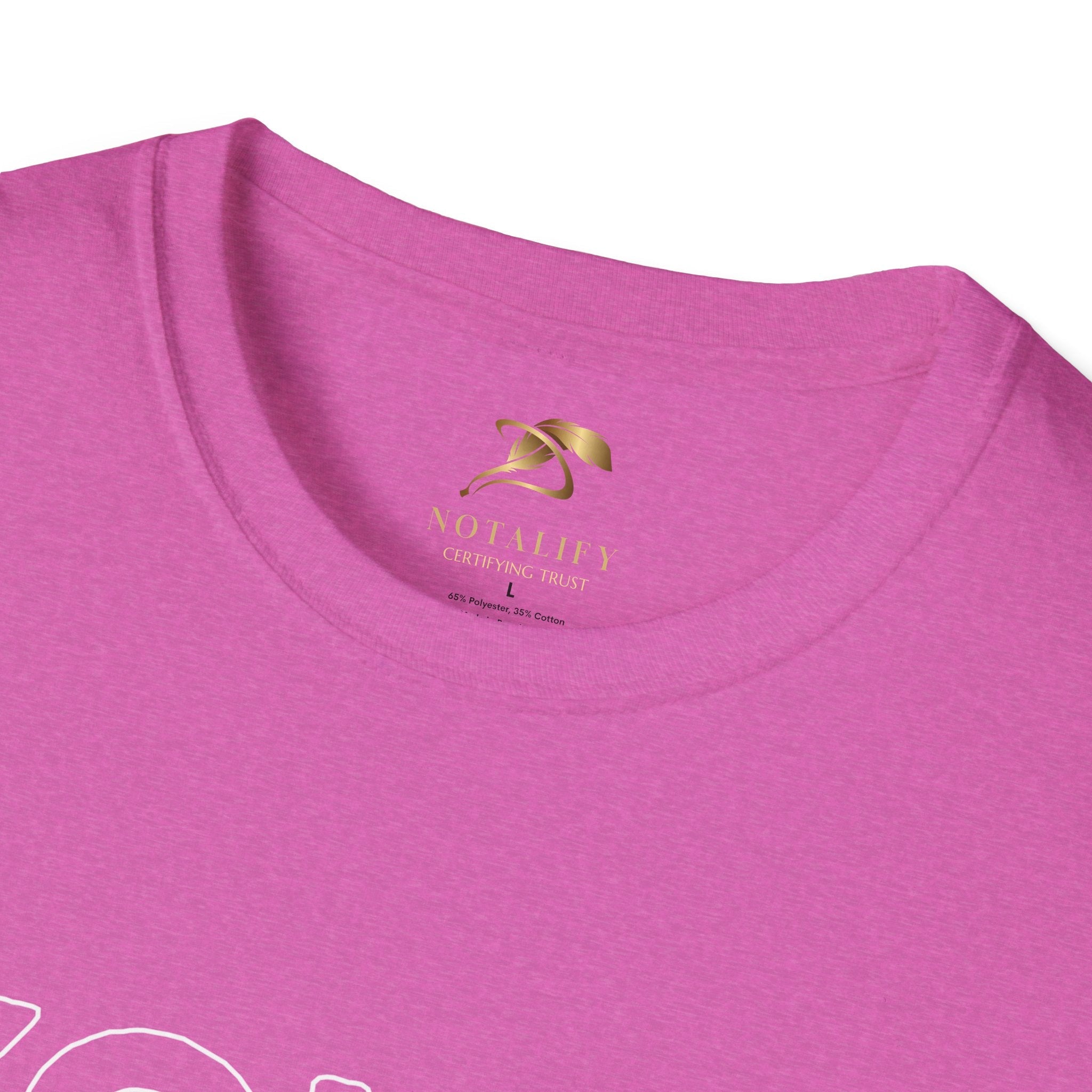 Close-up of a pink Youth Day Unisex Softstyle T-Shirt neckline made from 100% ring-spun cotton with a classic crew neck style