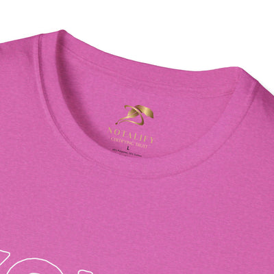 Close-up of a pink Youth Day Unisex Softstyle T-Shirt neckline made from 100% ring-spun cotton with a classic crew neck style
