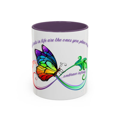 Inspirational Butterfly Coffee Mug with colorful design and "Embrace Infinity" message.
