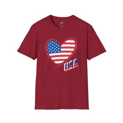 LOVE USA Patriotic T-Shirt with heart and flag design, unisex tee for Independence Day celebrations.