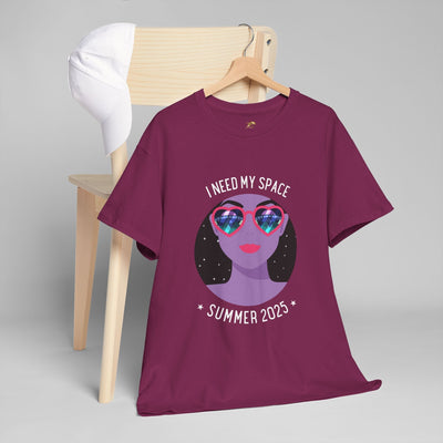 Astronaut Space Vibes Tee displayed on a wooden hanger with a "I Need My Space Summer 2023" graphic, featuring a cosmic design and relaxed fit.