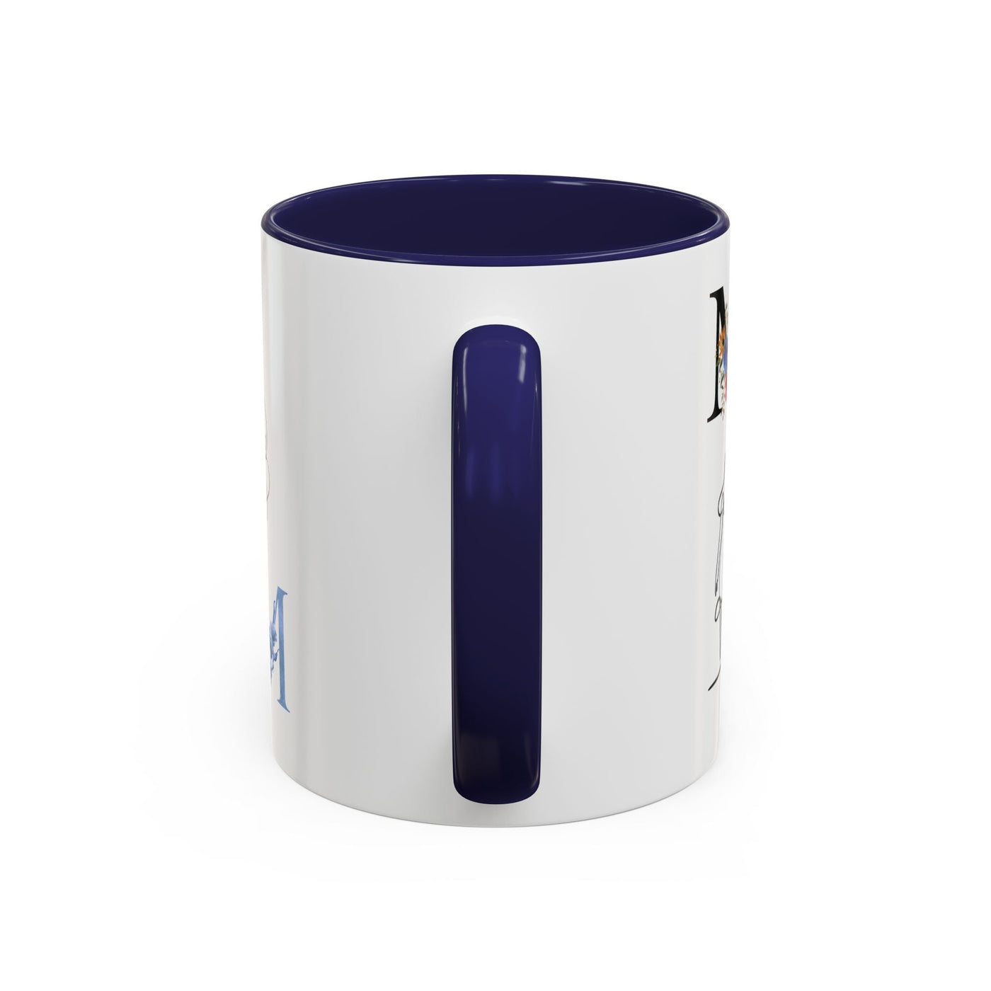 Mother's Day mug with floral design and customizable names, ceramic, 11oz or 15oz sizes, blue interior and handle.