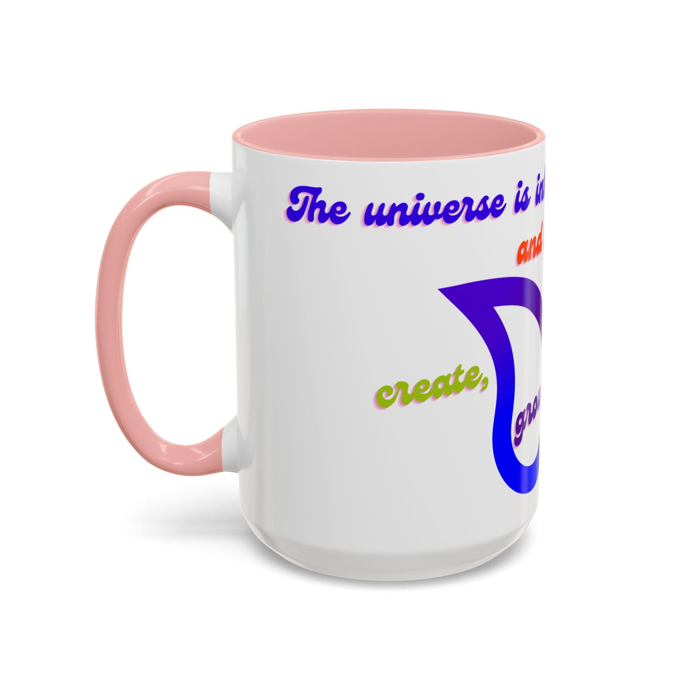 Infinity Butterfly Mug with inspirational universe theme, available in 11oz and 15oz, pink handle and interior.