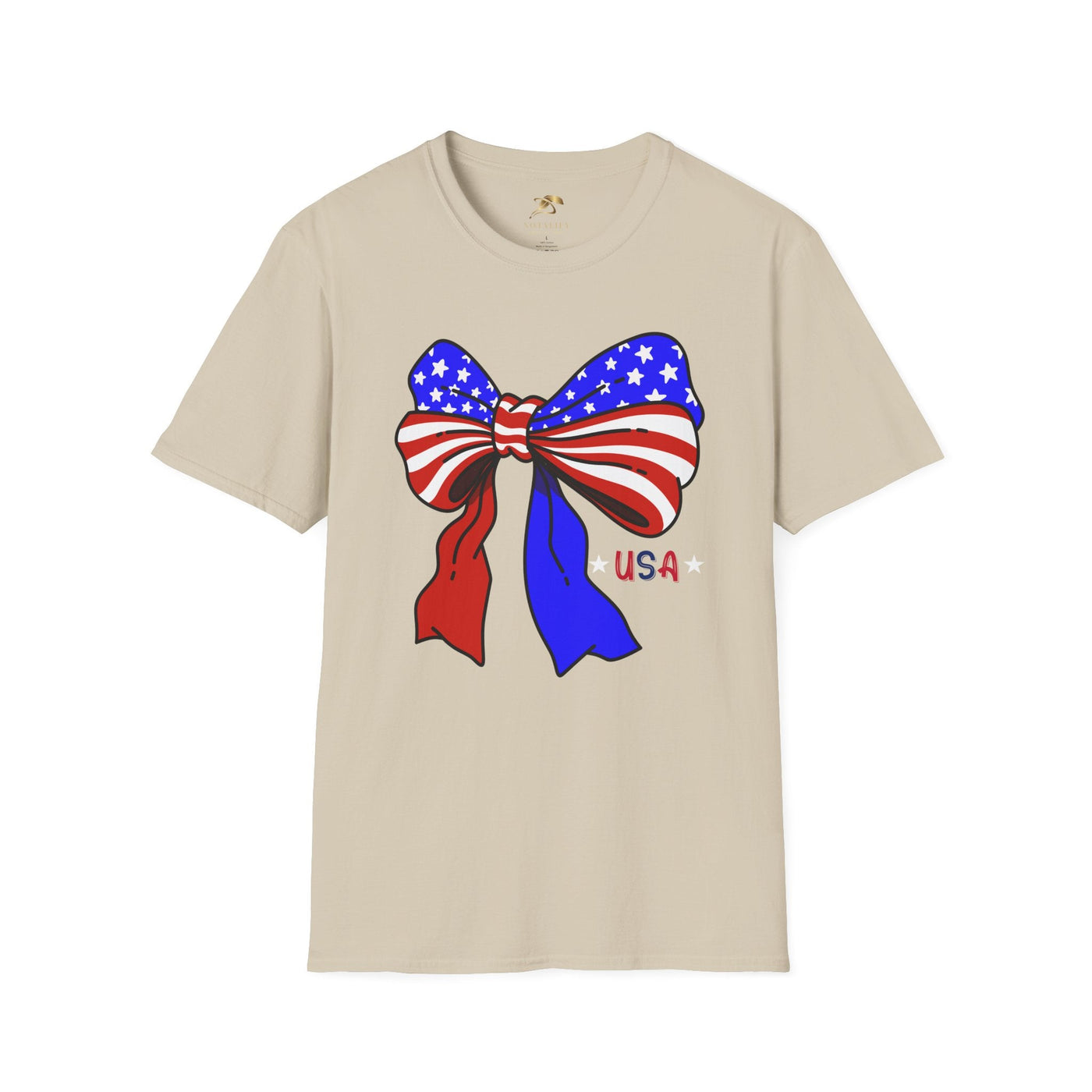 Coquette USA Patriotic T-Shirt with American flag bow design suitable for 4th of July celebrations.