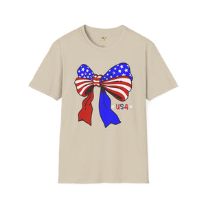 Coquette USA Patriotic T-Shirt with American flag bow design suitable for 4th of July celebrations.