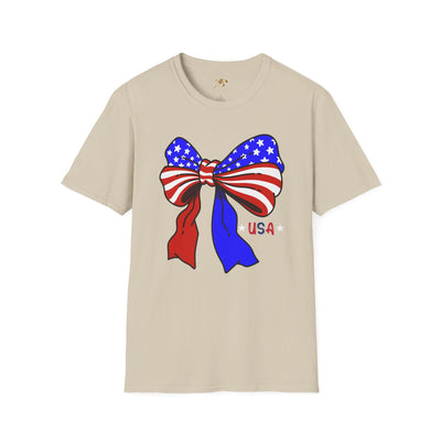 Coquette USA Patriotic T-Shirt with American flag bow design suitable for 4th of July celebrations.