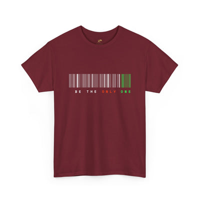 Unique "Be The Only One" barcode t-shirt in blue with a minimalist design
