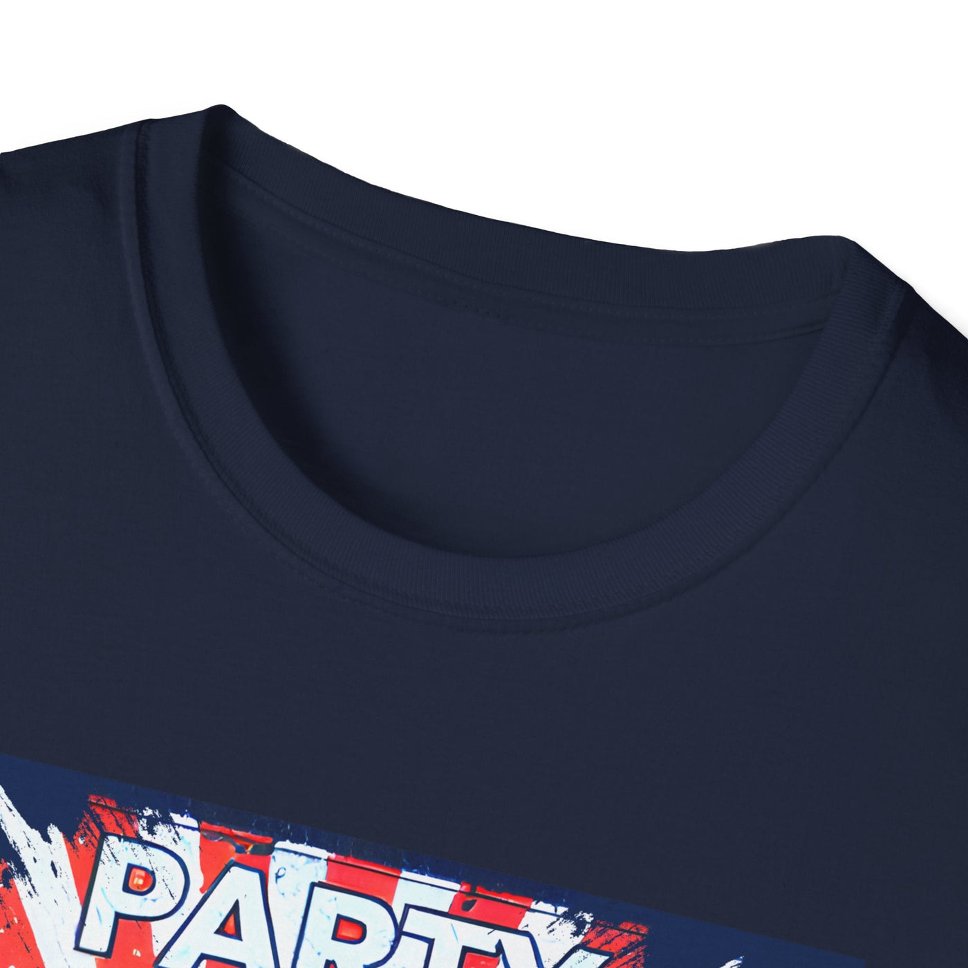 Patriotic Party T-Shirt with American flag design on soft, unisex fabric for Independence Day celebrations.