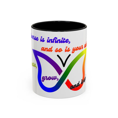 Infinity Butterfly Mug with colorful silhouette design, motivational and inspirational, available in 11oz and 15oz sizes, universe theme.