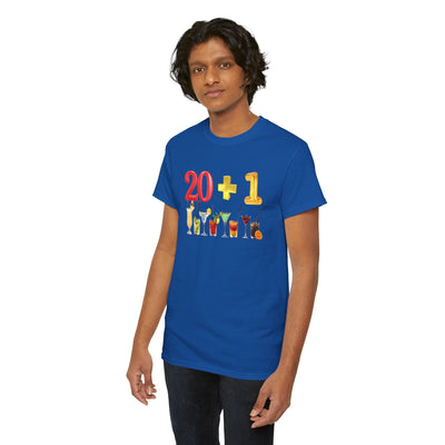21st birthday t-shirt with "20 + 1" design and cocktail images, perfect for celebrating turning 21.