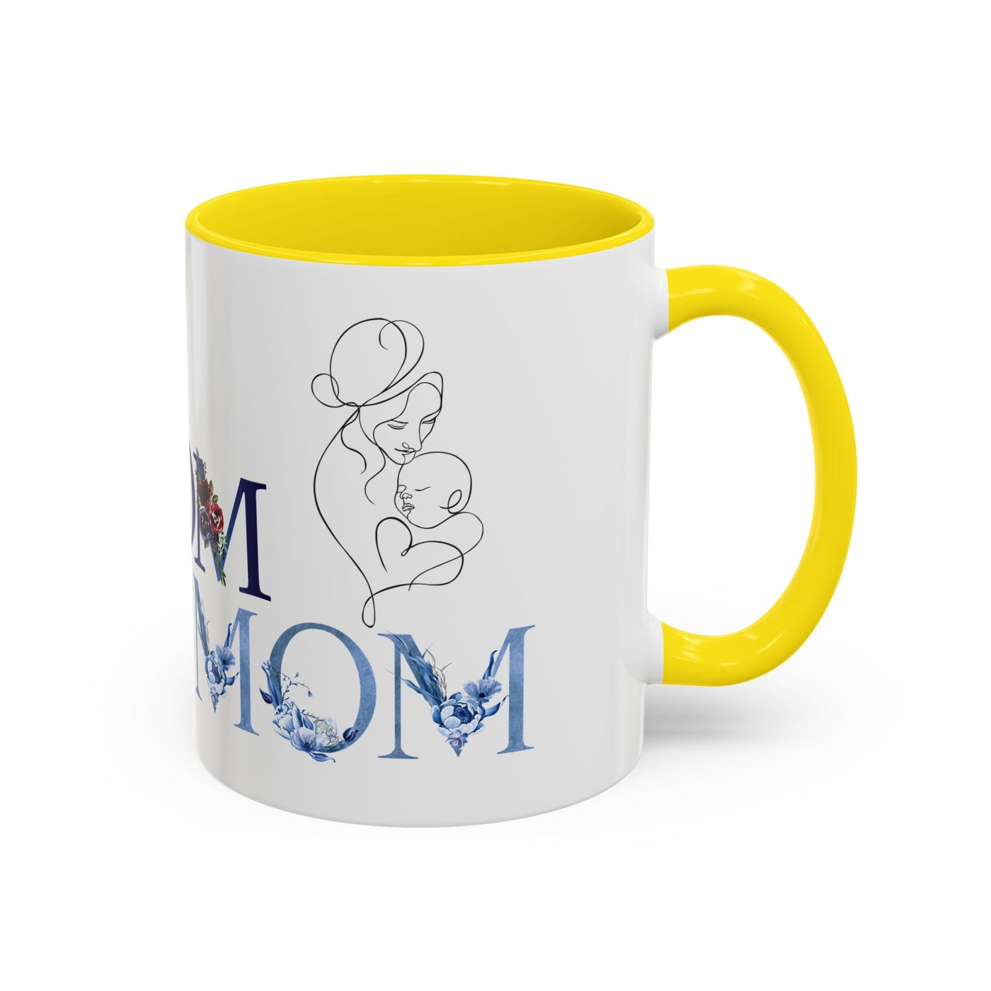 Mother's Day mug with flowers and custom names, white ceramic with yellow interior and handle.