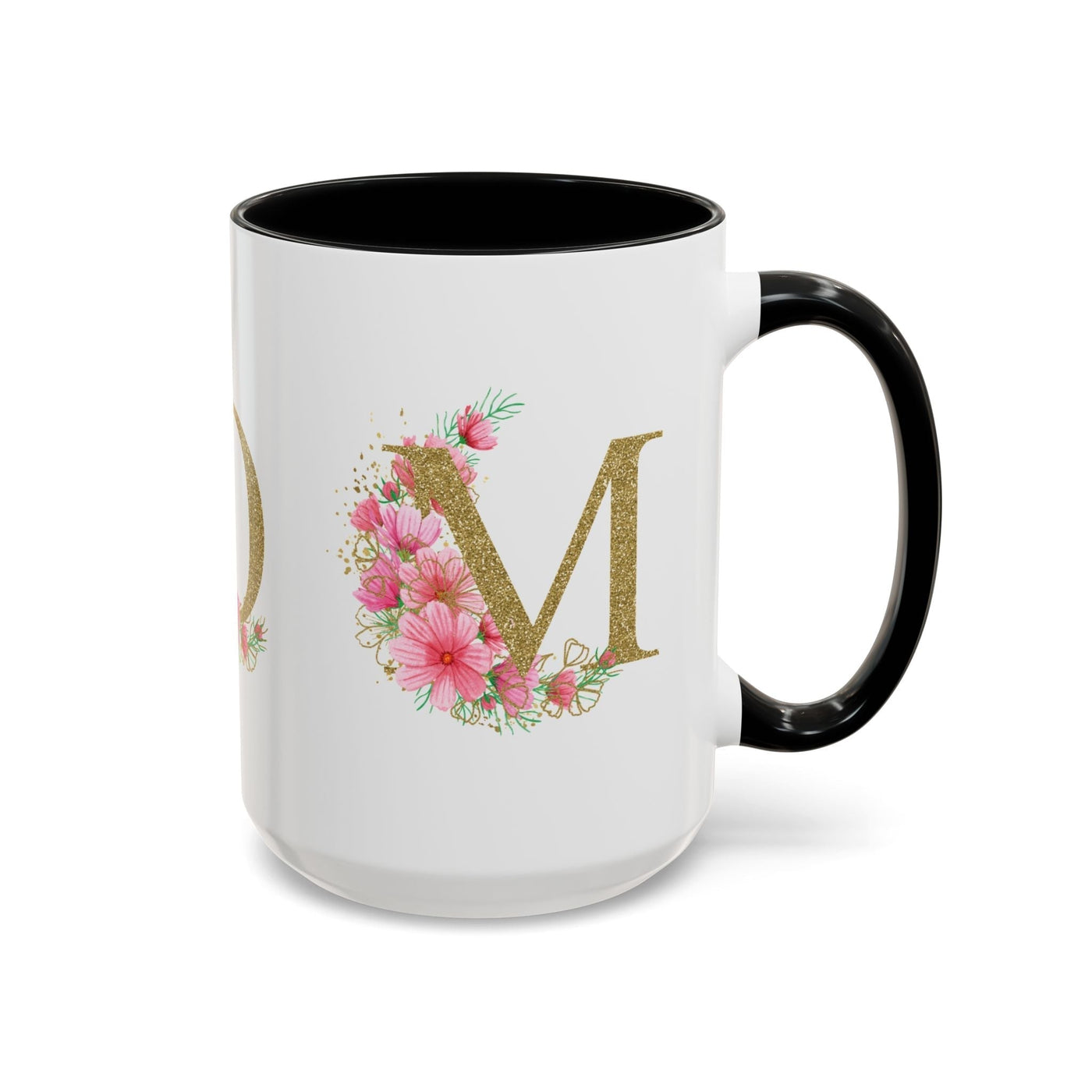 Custom Mother's Day mug with floral design, personalized accent coffee cup, white ceramic with black handle.