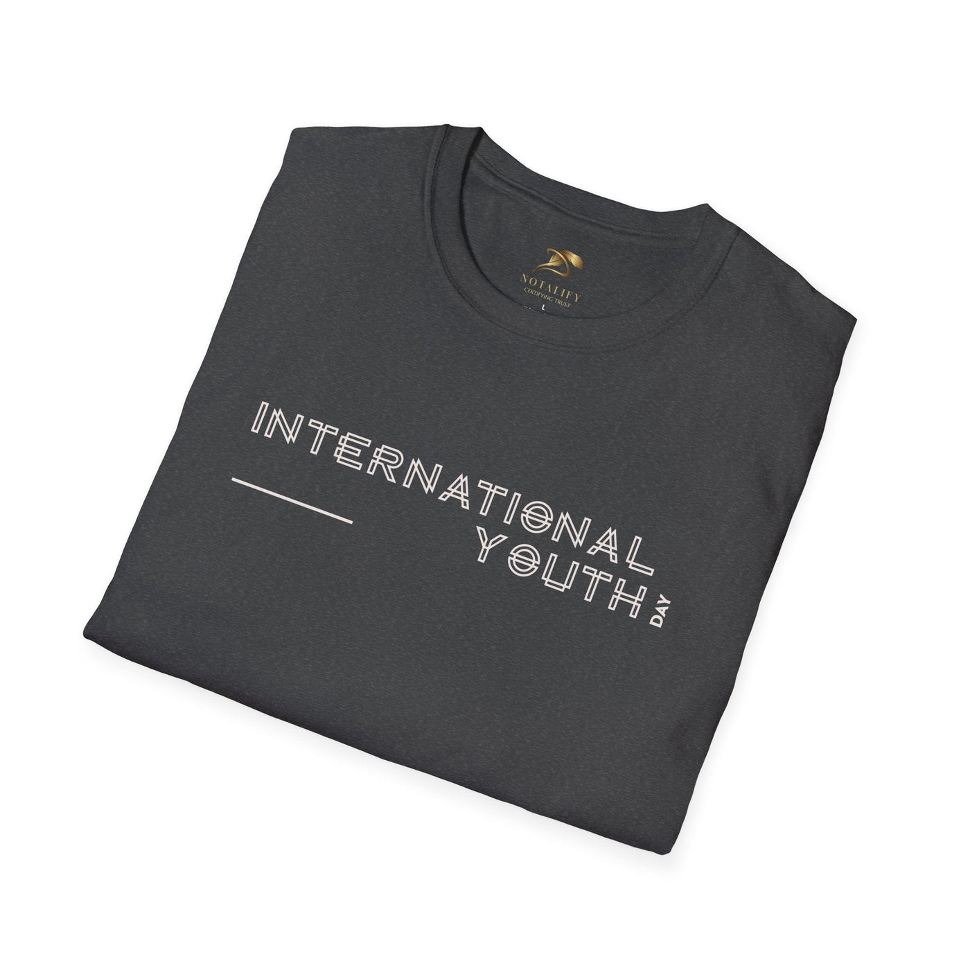 Folded black unisex t-shirt with "International Youth Day" text printed in white, made of 100% ring-spun cotton.