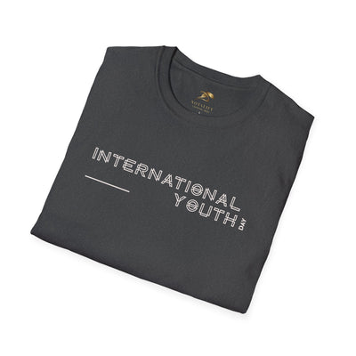 Folded black unisex t-shirt with "International Youth Day" text printed in white, made of 100% ring-spun cotton.