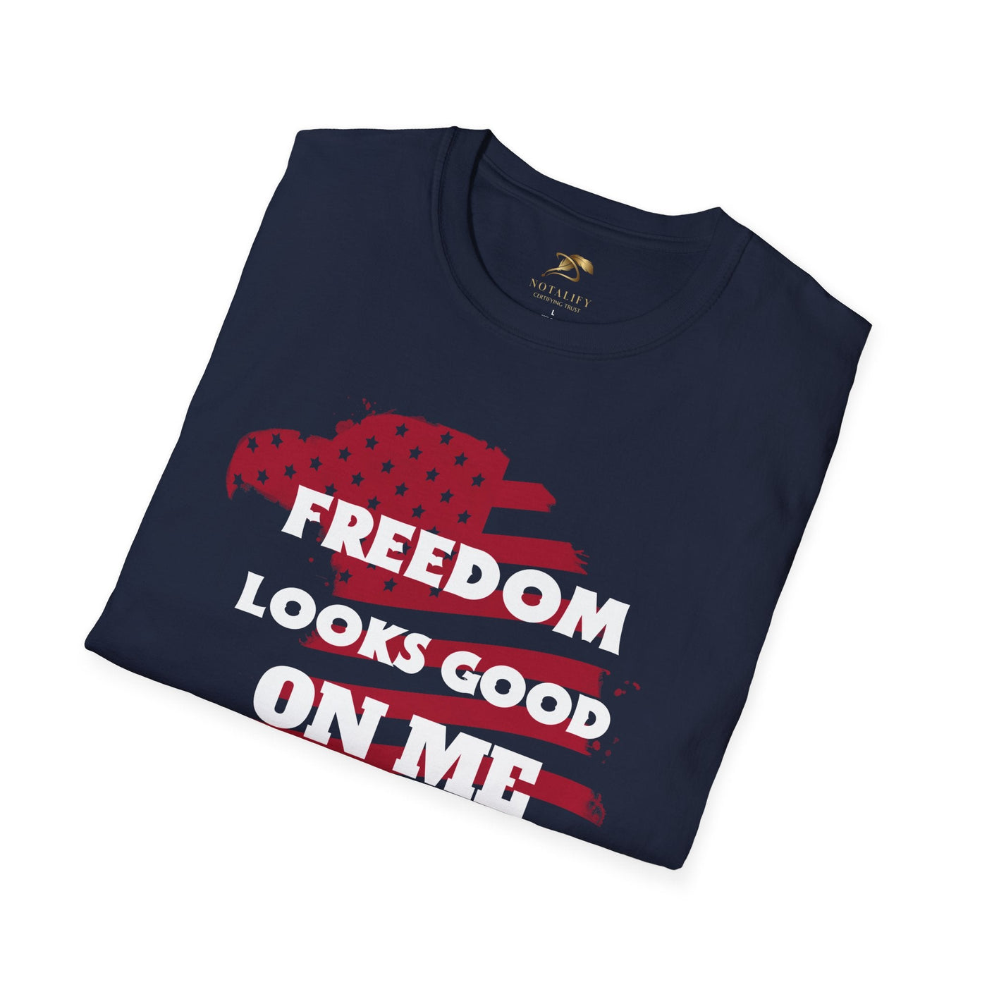 Patriotic party tee with "Freedom Looks Good On Me" design, perfect for Independence Day celebrations.
