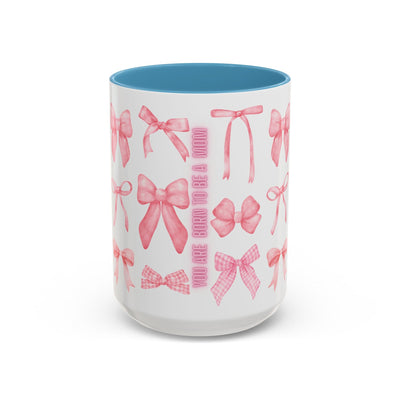 Mother's Day personalized coquette bow mug, vibrant design, blue interior.