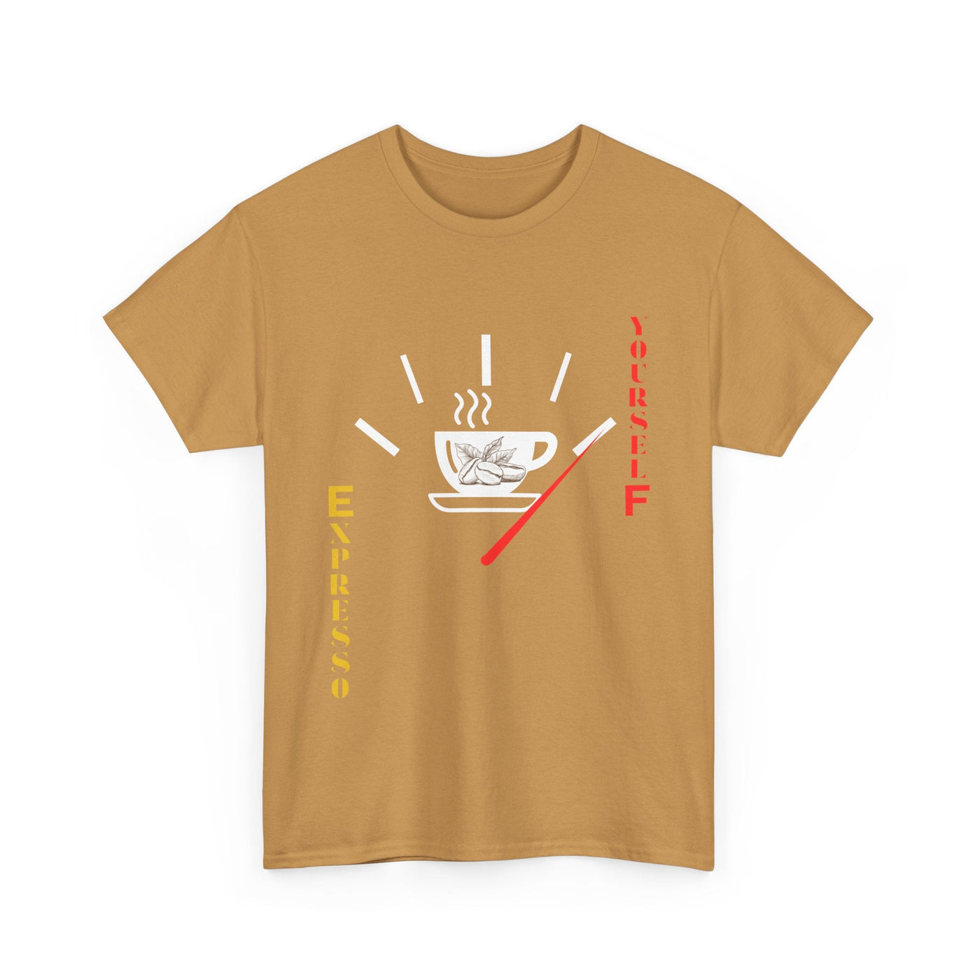 Unisex T-shirt featuring a steaming espresso cup with coffee beans and a fuel gauge design, perfect for coffee lovers.