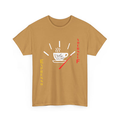 Unisex T-shirt featuring a steaming espresso cup with coffee beans and a fuel gauge design, perfect for coffee lovers.