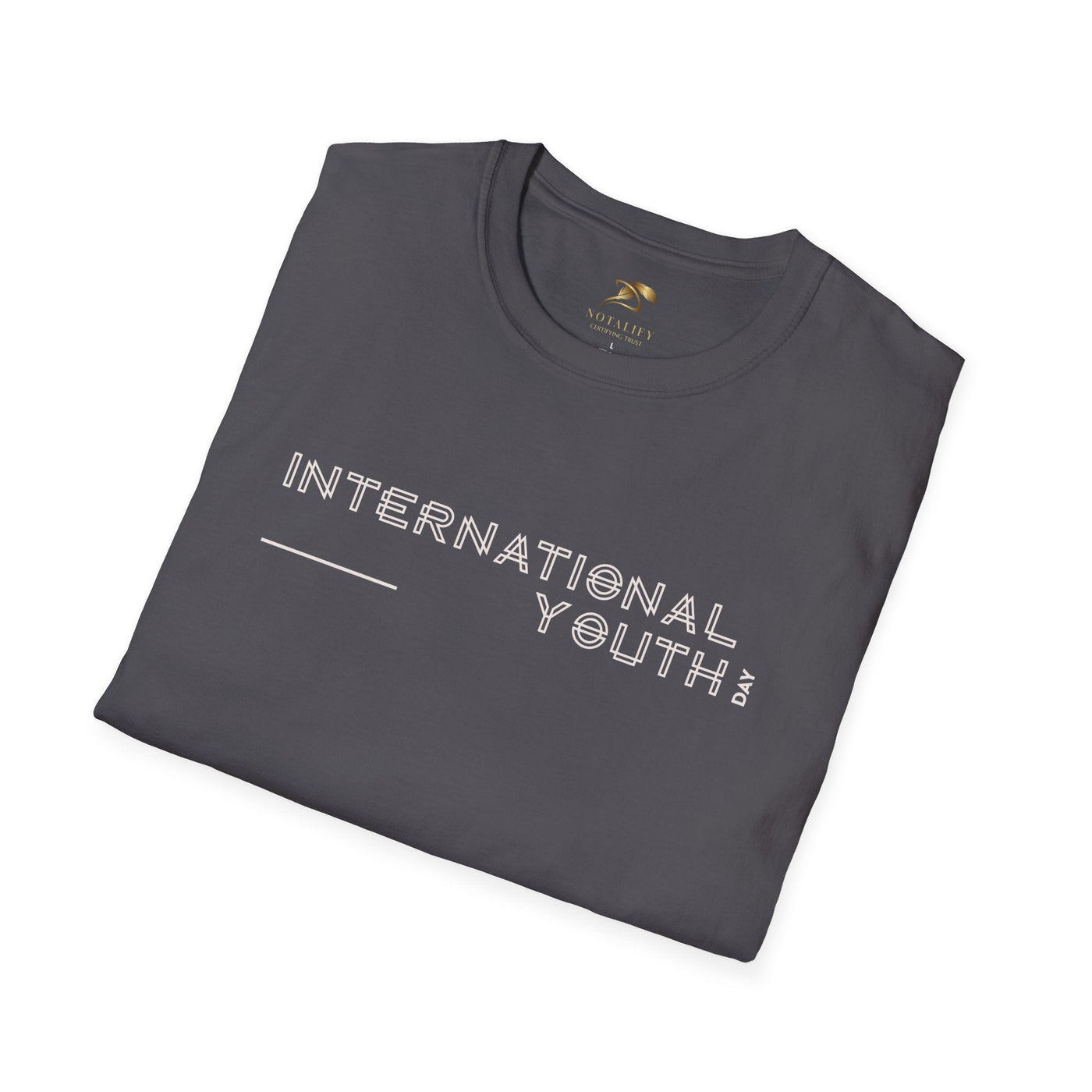 International Youth Day unisex softstyle black t-shirt with white text design, lightweight 100% ring-spun cotton, classic crew neck, ethical production
