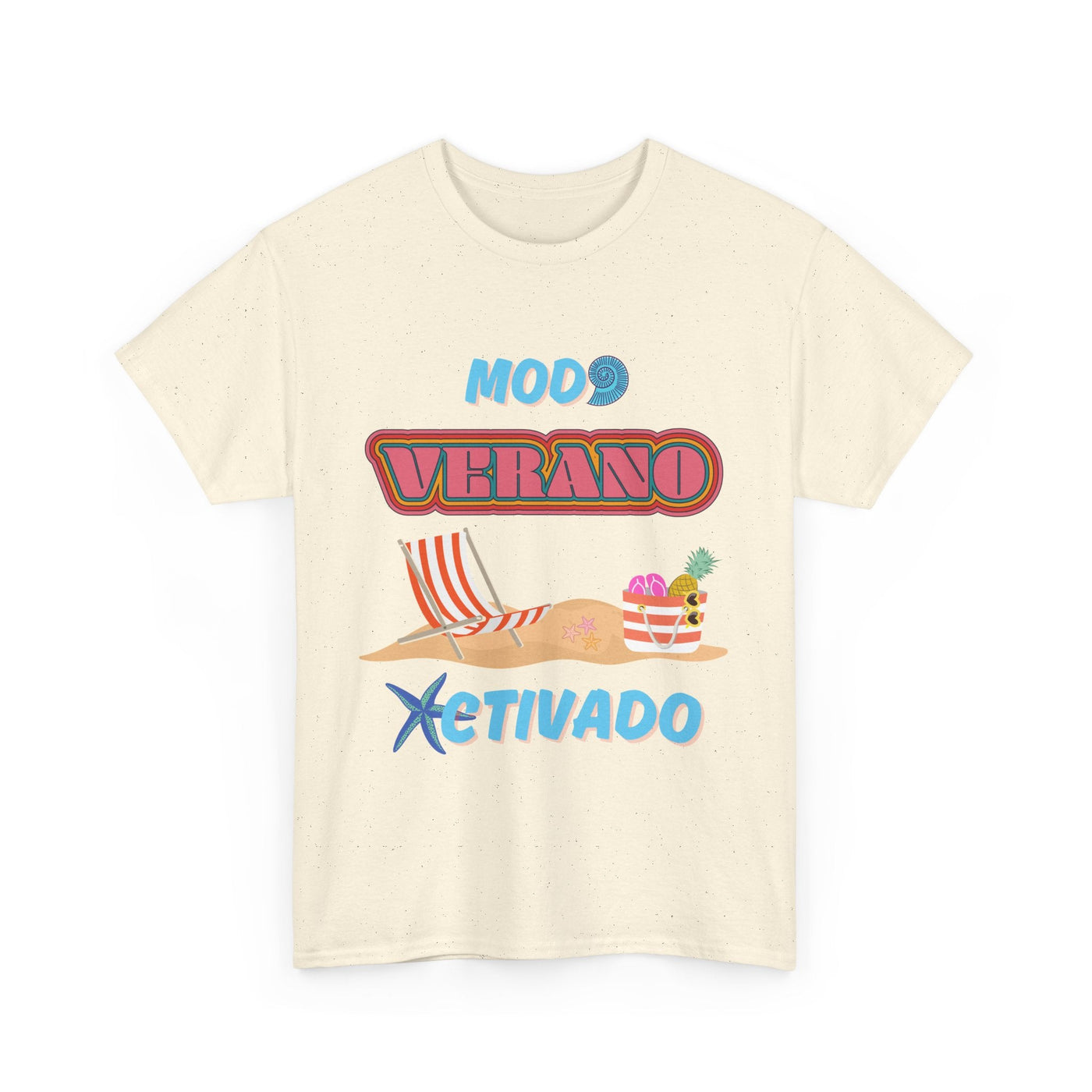 Unisex "Modo Verano Activado" T-shirt with retro fonts and beach-themed graphics, perfect for summer and tropical vacations.
