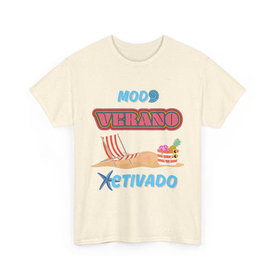 Unisex "Modo Verano Activado" T-shirt with retro fonts and beach-themed graphics, perfect for summer and tropical vacations.