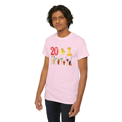 21st Birthday T-Shirt with "20 + 1" and cocktail graphic design, ideal 21st birthday gift.