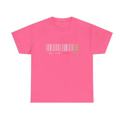 Unique "Be The Only One" barcode t-shirt in blue with a minimalist design