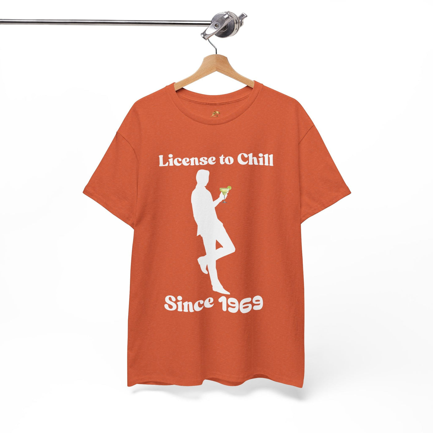 License to Chill t-shirt with silhouette holding margarita, customizable year, unisex relaxed vibes design.