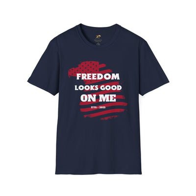 Unisex Patriotic Party Tee with "Freedom Looks Good On Me" design for Independence Day celebrations.