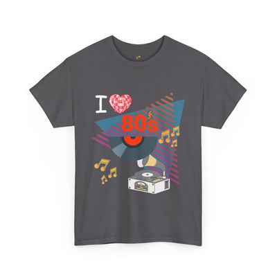 80's Music Lover T-Shirt with retro vinyl record and music notes graphic on charcoal cotton tee