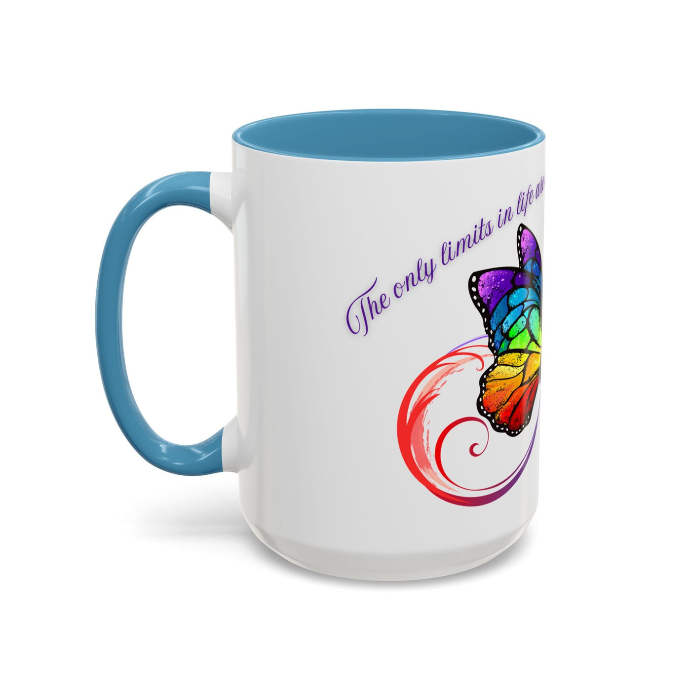Inspirational butterfly coffee mug with vibrant design and motivational message, featuring colorful accents, ceramic material, and available in 11oz and 15oz sizes.