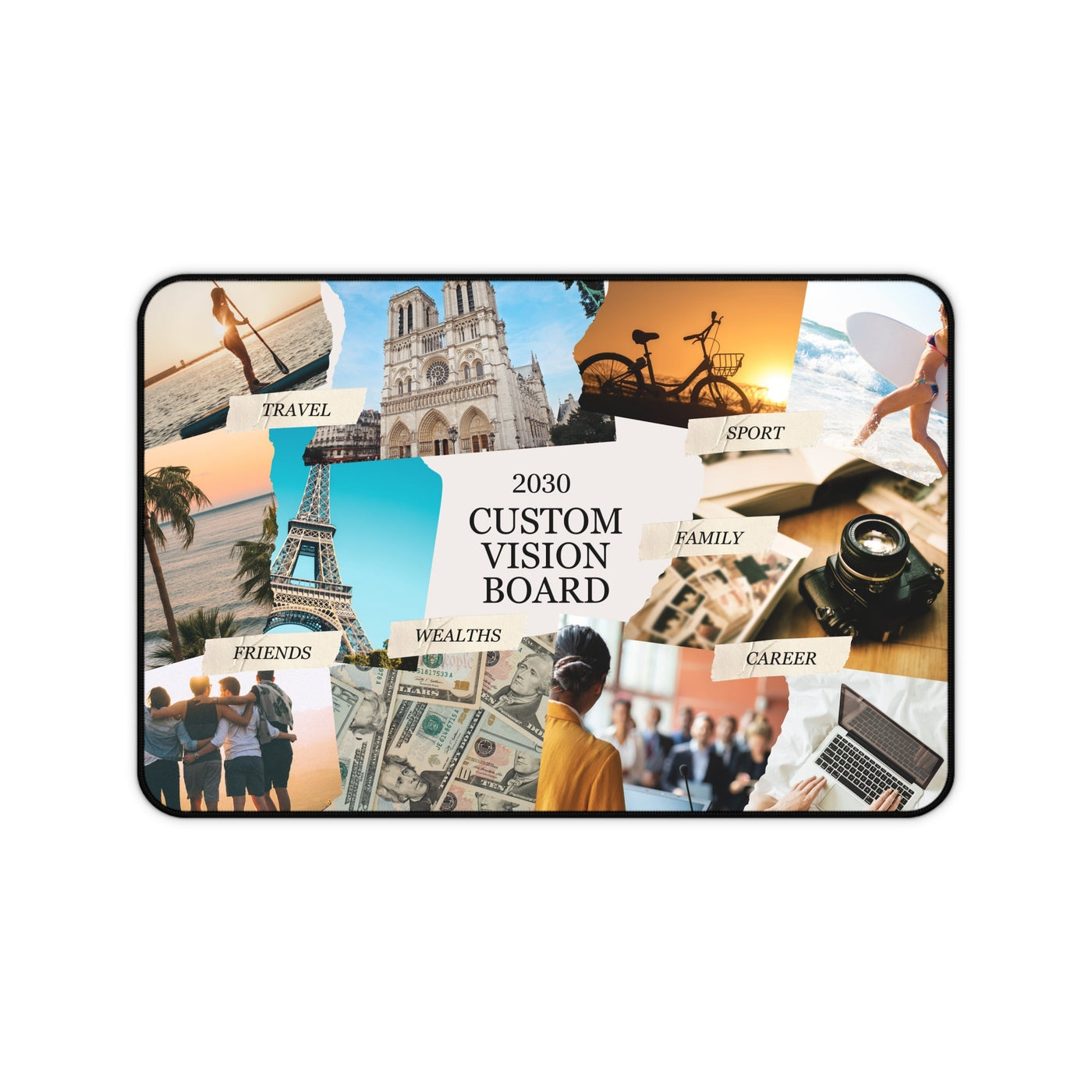 Vision Board Desk Mat with motivational images and goal labels for travel, sport, family, friends, wealth, and career, personalized inspirational workstation decor