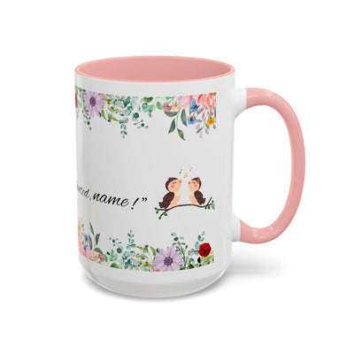 Inspirational ceramic cup with flower design and motivational quote.