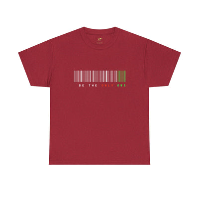 Unique "Be The Only One" barcode t-shirt in blue with a minimalist design