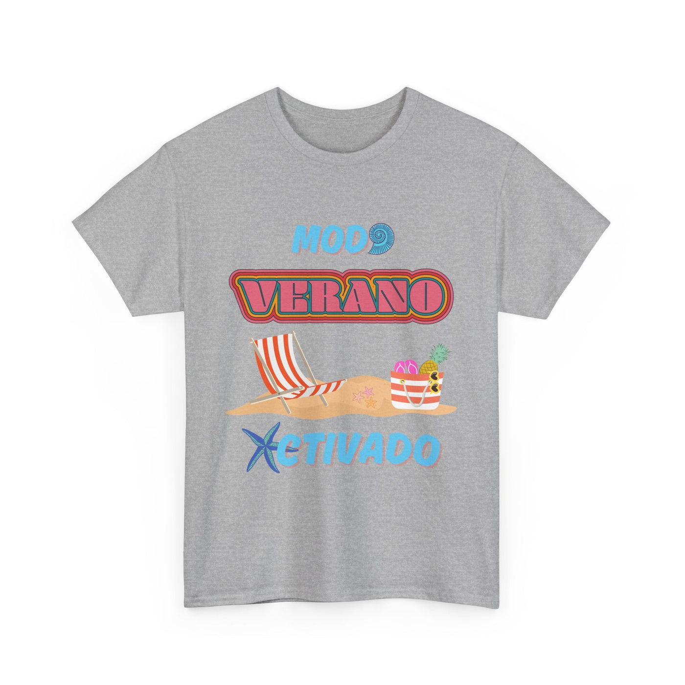 Unisex "Modo Verano Activado" T-shirt with retro fonts and beach scene for a vibrant summer vibe.