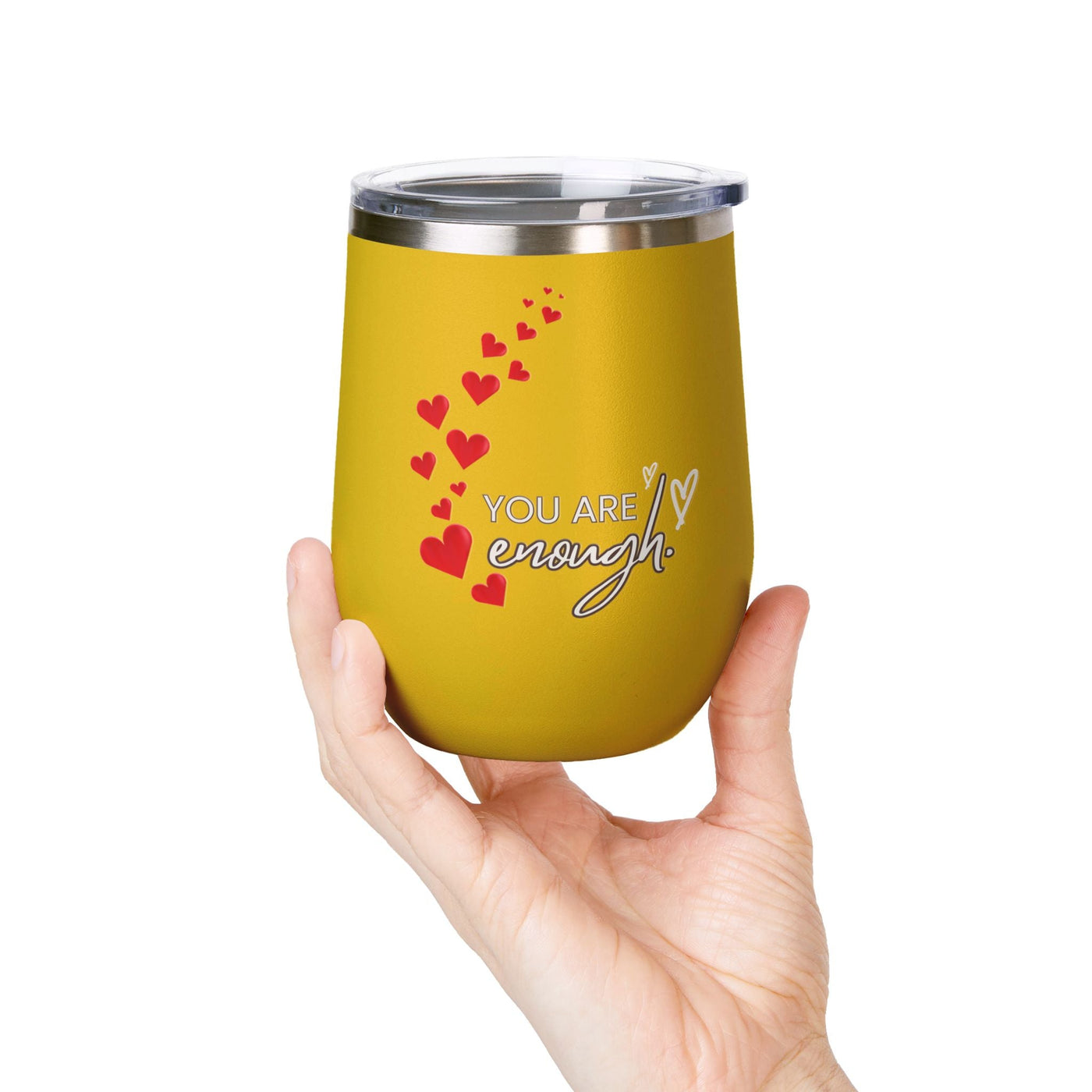 12oz Positive Affirmation Wine Tumbler with "You're enough" message, stainless steel insulated, yellow with hearts.
